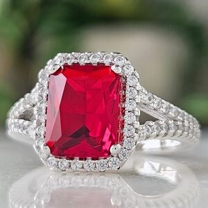 Emerlad Cut Red Ruby Gemstone Ring, 925 Sterling Silver Charmed Aroma